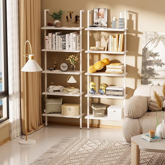 aboxoo Ladder Shelf White Wooden Bookshelf 5-Tier Wall-Mounted Open Wood Rack - Image 7