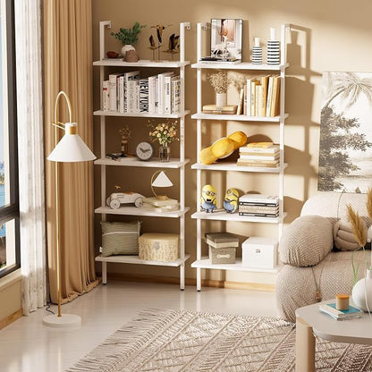 aboxoo Ladder Shelf White Wooden Bookshelf 5-Tier Wall-Mounted Open Wood Rack - Image 7