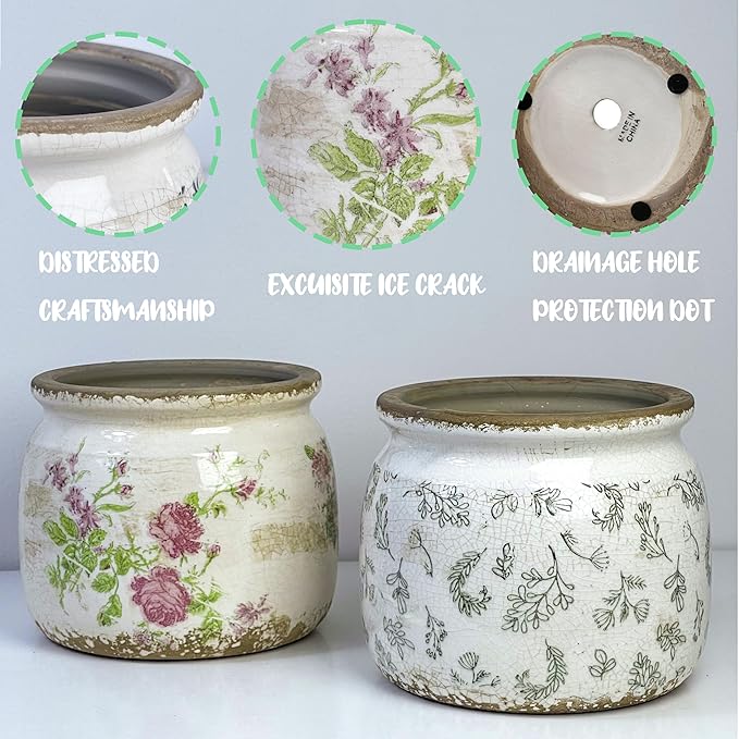 Vintage Ceramic Ice Crack Flower Pot with Drainage Holes, Country Rustic Planters for Indoor and Outdoor,Tuscan Decor,Home,Living Room, Garden Decor, Gardening Gift (Garden)