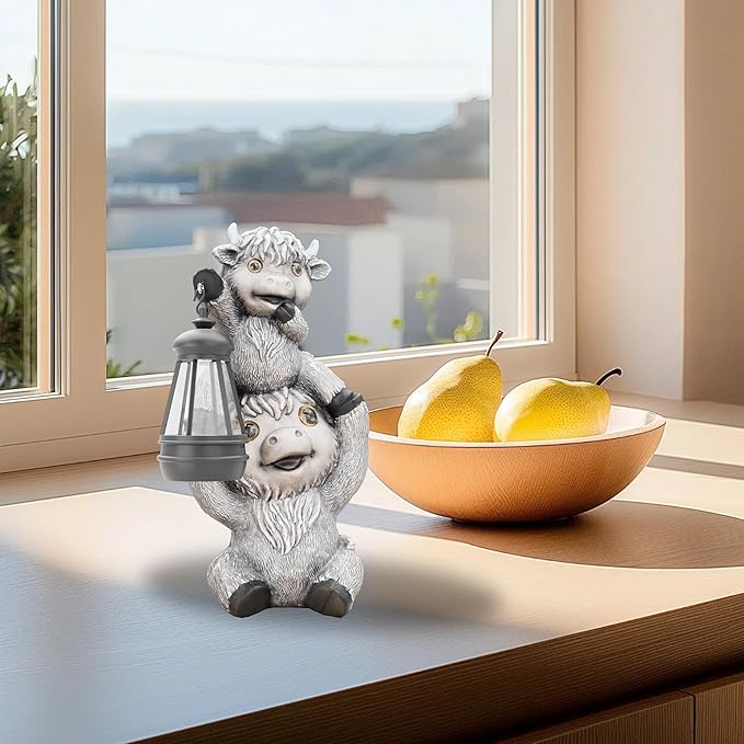 Highland Cow Statues with Solar Lights, Highland Cow Resin Figurine Lights, Highland Cow Ornaments for Patio, Balcony, Indoor Decoration and as Gifts