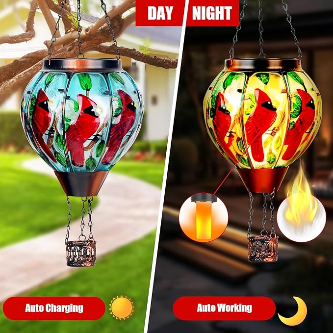 2 Pack Cardinal Solar Hot Air Balloon Lantern with Flame, Outdoor Christmas Decorations Flickering Solar Lights, Glass Hanging Solar Lantern Waterproof, Gardening Gifts for Outdoor Garden Patio Decor