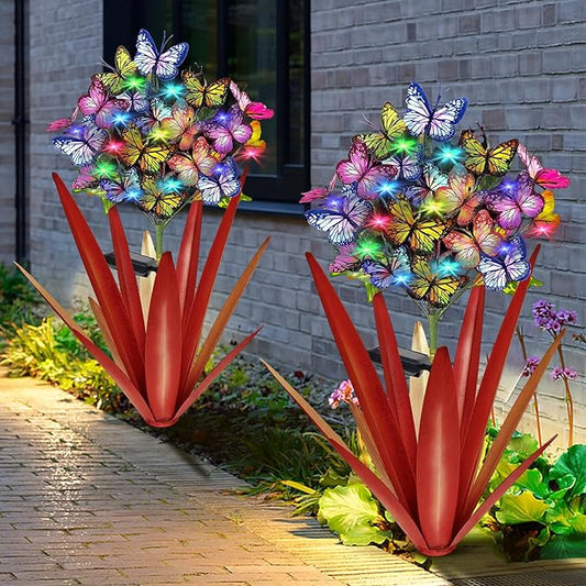 Homight Solar Metal Agave Butterfly Flower Stick Garden Sculpture - Outdoor Christmas Lights, Swaying Solar Lights Gift (2 PCS RED)