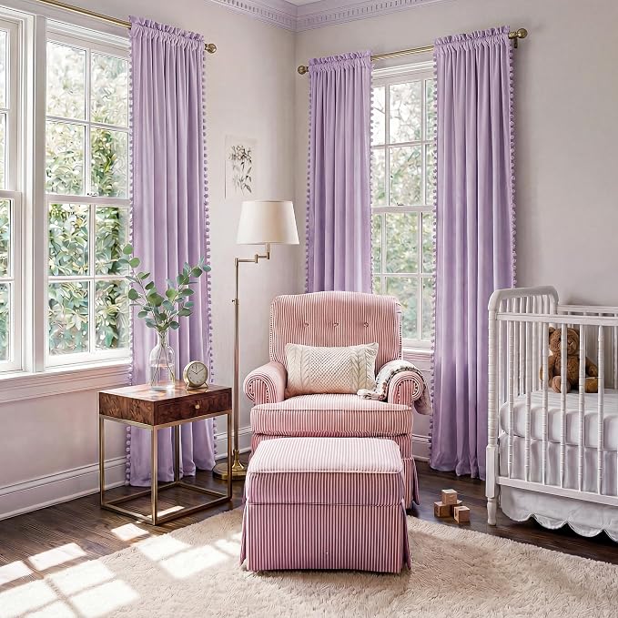 NICETOWN Lilac Purple Velvet Curtains 96 Inch Length – Pom Pom Room Darkening - Image 3