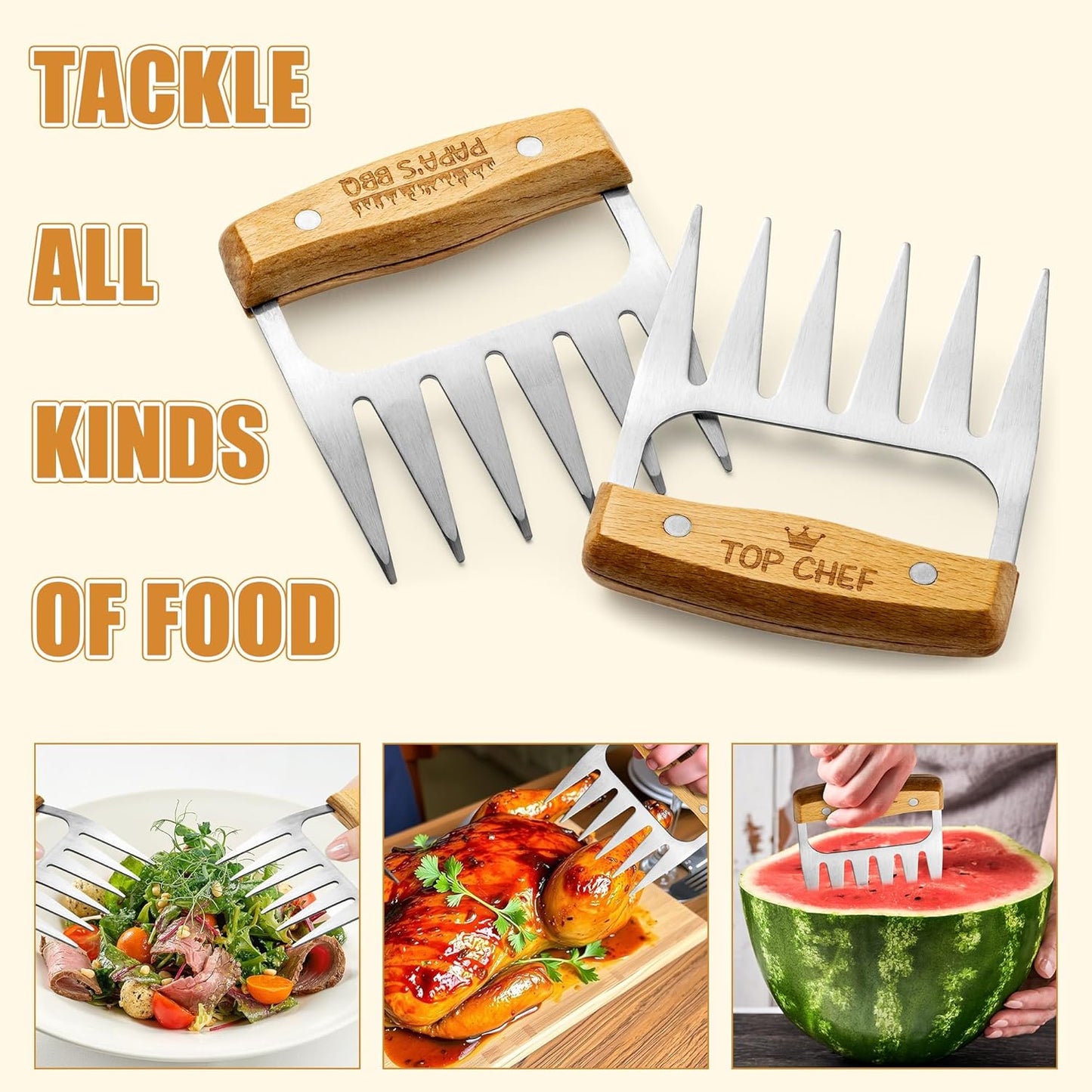 Haooryx Father's Day Meat Claw - Stainless Steel Meat Shredder Claws Grilling Tool BBQ Barbecue Accessories Drawstring Bag Box King of The Grill Best Papa Ever Top Chef Pulled Meat Dad's Birthday Gift