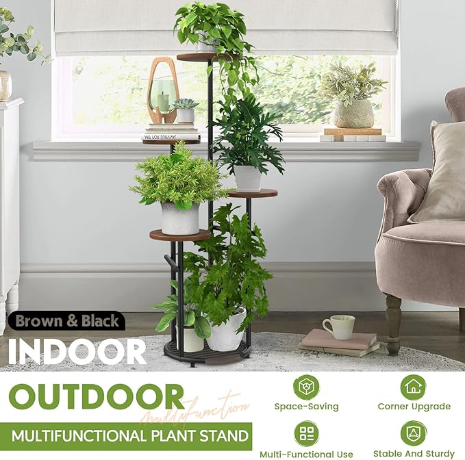TOSKING 5 Tier Metal Plant Stand Indoor， Plant Shelf, Corner Shelf Flower Pot Stand for Outdoor Plant Stand for Living Room Balcony Garden Patio Bedroom (Black and Brown, 42in)