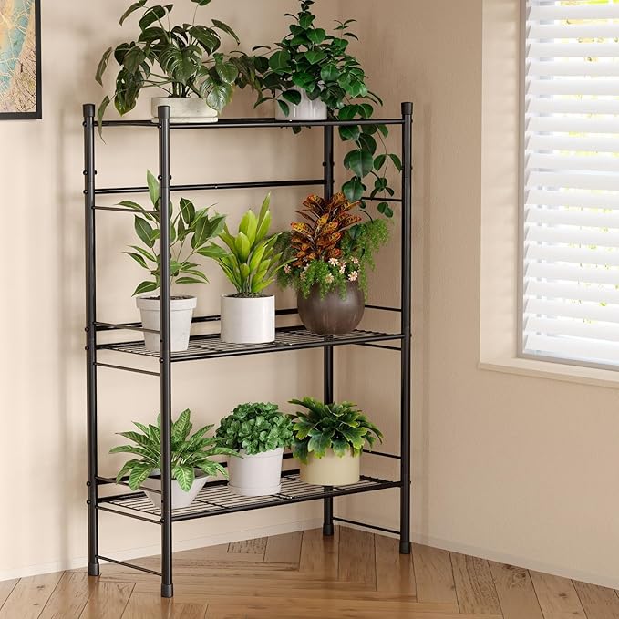 New England Stories Outdoor Plant Stand, 3-Tier Metal Plant Rack, Heavy Duty and Waterproof Plant Shelf, Stackable Tall Flower Pot Holder for Garden Display Rack, Black