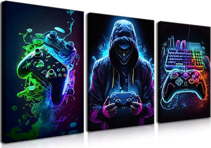 BGFCE Cool Gaming Canvas Wall Art Set of 3, Retro Video Game Watercolor Poster by BGFCEWallArt