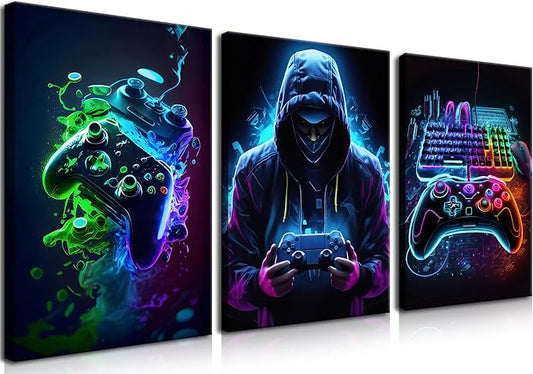 BGFCE Cool Gaming Canvas Wall Art Set of 3, Retro Video Game Watercolor Poster by BGFCEWallArt