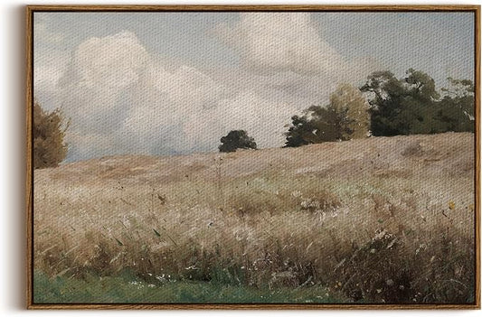 InSimSea Framed Canvas Wall Art Vintage Decor, Farmhouse Scenery Vast Field by InSimSeaArt