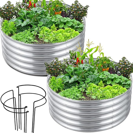FORTUNO High Round Galvanized Raised Garden Bed Kit Box Dia 3 x H 1.5Ft (2 Pack) Metal Outdoor Flower Bed Steel Patio Ground Planter for Planting Vegetables and Herb, Silver