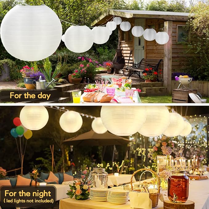 20 Pack White Outdoor Silk Lanterns Decorative, 10inch Waterprooof Outside Indoor Chinese Hanging Round Lanterns for Weddings, Birthdays, Parties Decoration (White)
