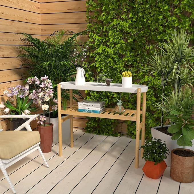 Bamboo Plant Stands Indoor, 2 Tier Steel Tray Tall Corner Plant Stand Holder & Plant Display Rack for Outdoor Garden Indoor Home (1 - 2 Tier)