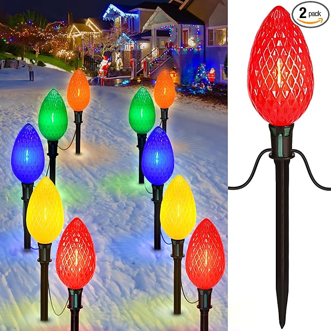 2 Packs Outdoor Christmas Decorations, Jumbo C9 Christmas Pathway Lights or Xmas String Lights, 8.5 Feet 5 LED Multicolored Large Bulbs, Waterproof Marker Lights for Yard Holiday Lawn Walkway Garden