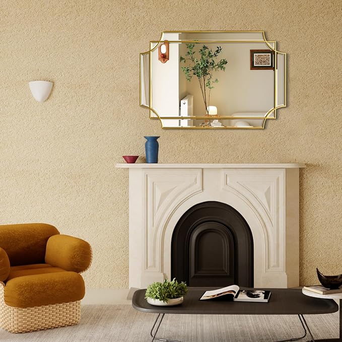 HQiJun Gold Mirror for Wall, 36x24 Gold Wood Framed, Scalloped Beveled Polished - Image 4