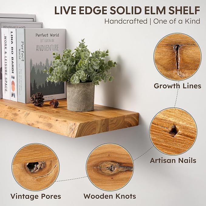 Live Edge Floating Shelf 55 Inch Extra Long | Solid Rustic Elm Wood - Image 6