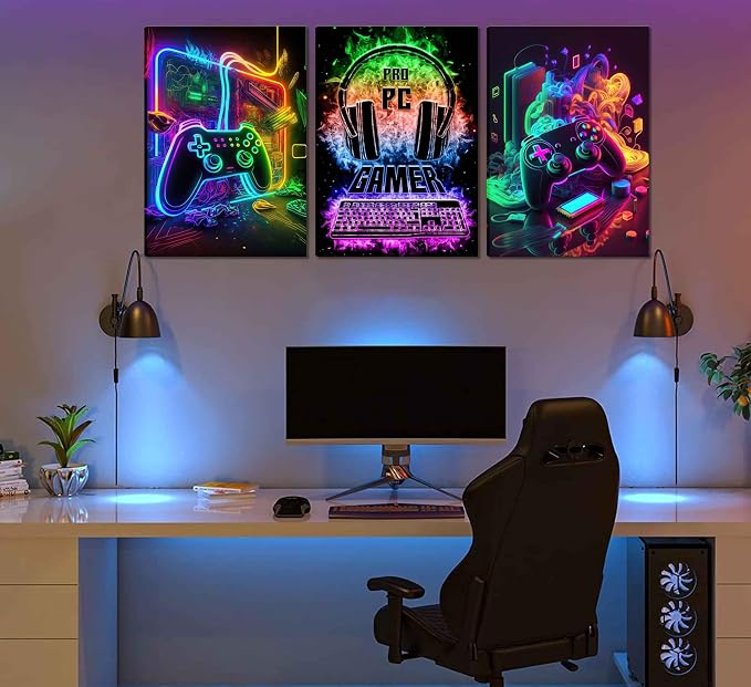 PPV 3Pcs Cool Gaming Wall Art Retro Video Gamer watercolor Posters Pictures - Image 2
