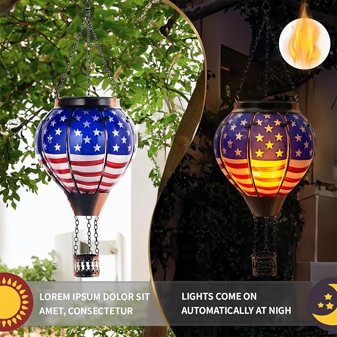 Hot Air Balloon Solar Lantern Outdoor - Flame Hanging Solar Light Waterproof Lanterns for Patio Garden Yard Farmhouse Decor, Great Gift(Flag)