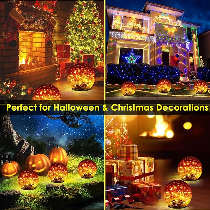 2 Pack Garden Solar Lights Outdoor Decorative, 60 LED Gradient red Cracked Glass Solar Globe Lights, Upgraded Waterproof Ball Lights for Yard Pathway Patio Christmas Outside Decor, 4.73"