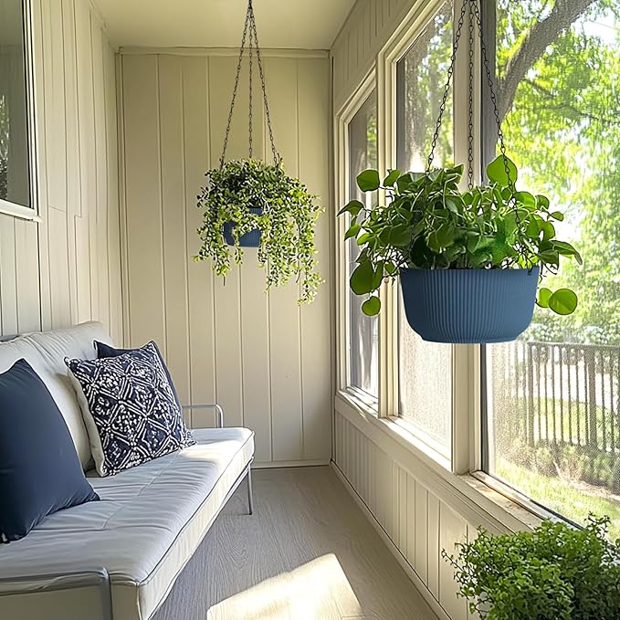 T4U 12 Inch Large Hanging Planters for Outdoor Plants, 2 Pack Self Watering Hanging Pots Indoor, Hanging Baskets for Plants,Hanging Flower Pot with Drainage Hole and Plant Hanger, Blue