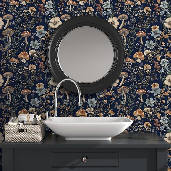 Froluya Mushroom Peel and Stick Wallpaper Dark Floral Contact Paper 16.9" x - Image 2