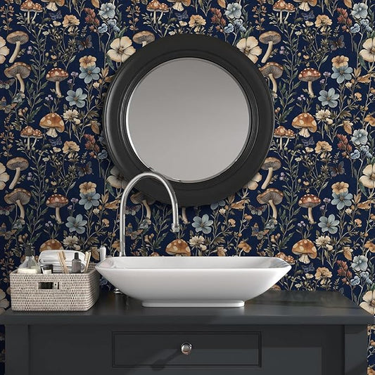 Froluya Mushroom Peel and Stick Wallpaper Dark Floral Contact Paper 16.9" x - Image 2