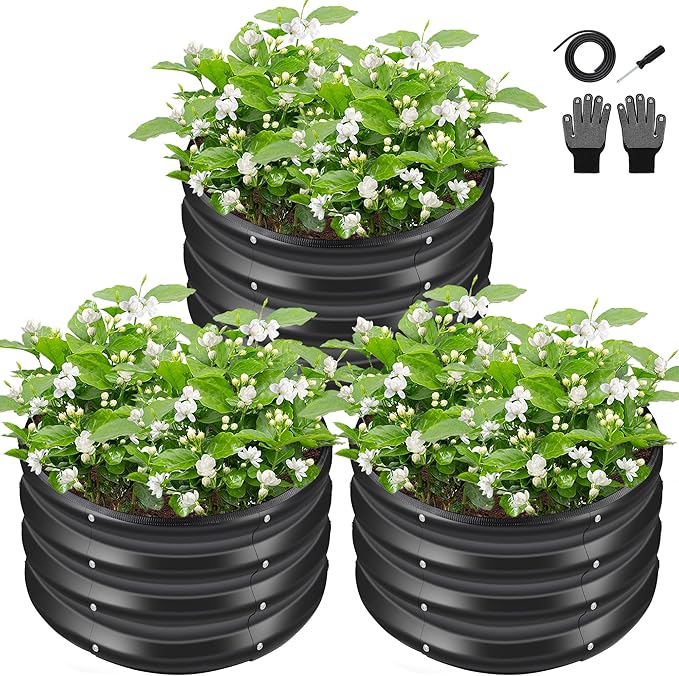 ZXZYHFTY Round Galvanized Raised Garden Bed kit,Black Outdoor Garden Raised Planter Box, Round Large Metal Raised Garden Beds for Vegetable 2 * 2 * 1ft 3 Pcs