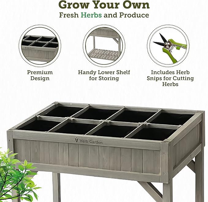 VegTrug 8 Pocket Herb Garden, Wooden Herb Planter with Herb Snips, Gray Wash