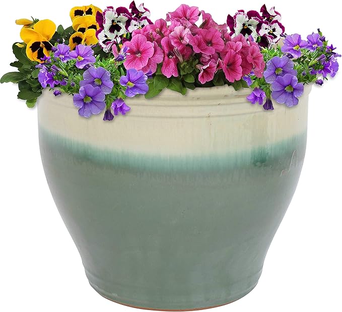 Sunnydaze Studio Large Ceramic Plant Pot - Round Outdoor Glazed Ceramic Planter Pot with Drainage - Gray - 18.5"