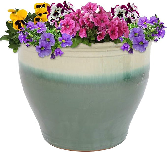 Sunnydaze Studio Large Ceramic Plant Pot - Round Outdoor Glazed Ceramic Planter Pot with Drainage - Gray - 18.5"