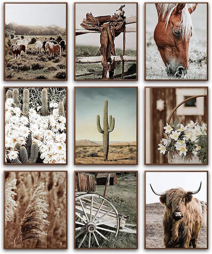 tgguytiy 9 Pcs Western Vintage Farmhouse Poster Canvas Wall Art Highland cattle by Unknown