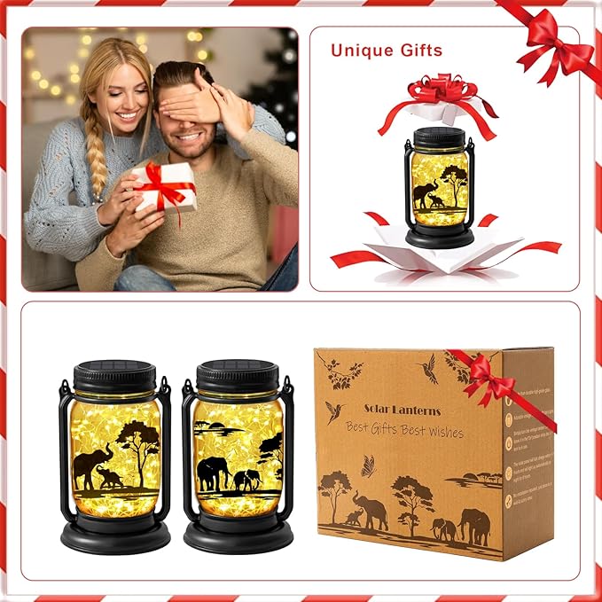 2 Pack Outdoor Hanging Solar Lanterns, Elephants Vintage Glass Mason Jar Fairy Lights, Mothers Day Gifts for Women Mom Grandma, Waterproof Garden Lights for Patio Yard Lawn Tree Party Decor