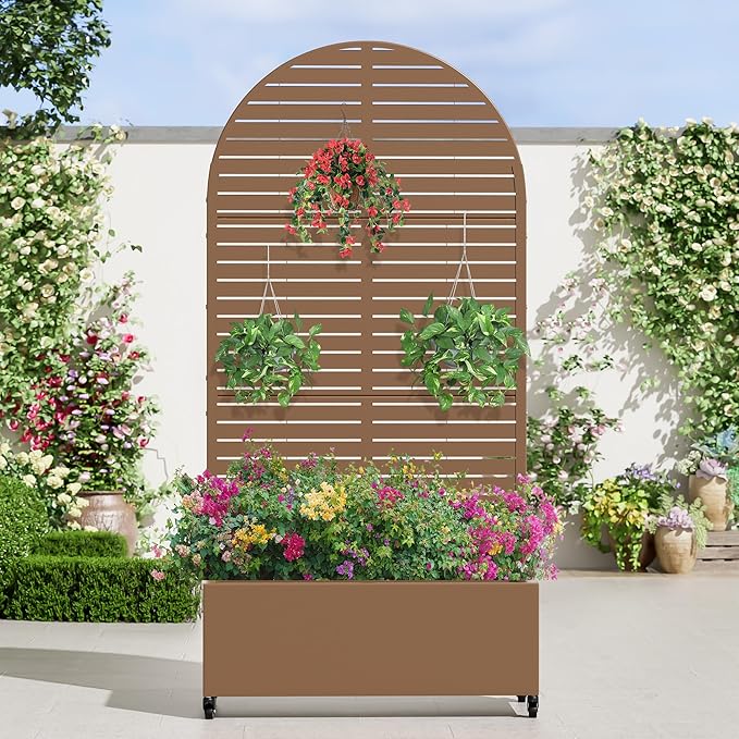 Casaphoria Metal Raised Garden Bed with Trellis and Wheels, 72"x35"x16" Arched Planter Box for Climbing Plants, Vegetables & Vines, Features Drainage Holes and Privacy Screen (Brown-Louvered)