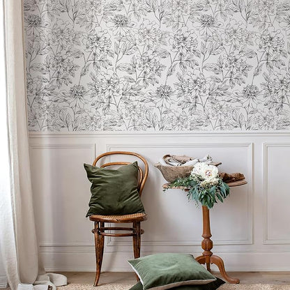 JiffDiff Peel and Stick Wallpaper Black and White Floral Wall Paper 17.3" x - Image 5