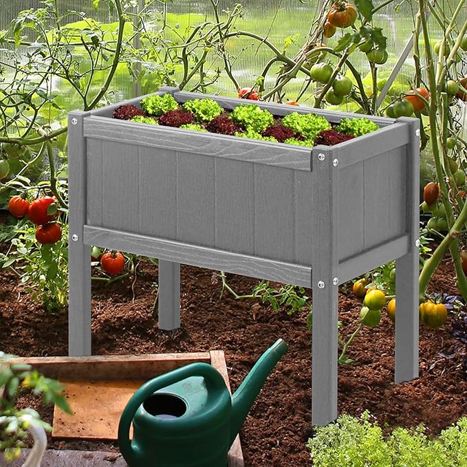 Raised Garden Bed with Drainage Hole Waterproof HDPE Elevated Planter Box with Legs Stable and Durable to Plant Herb Vegetable Flower,Patio,Balcony Outdoors/Indoors Gray