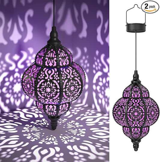 Hanging Solar Lights Outdoor Garden Decor Solar Lantern Waterproof Plastic Moroccan Outdoor Decorations for Patio Pathway Yard Backyard Garden Decorative (2, Purple)