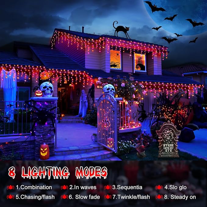 Hezbjiti 2Pack Total 800LED Halloween Lights Purple Orange Icicle Lights 32.8FT Halloween String Lights Outdoor Decoration 8 Modes 75 Drops Fairy Lights for Eaves Party Yard Garden Halloween Decor