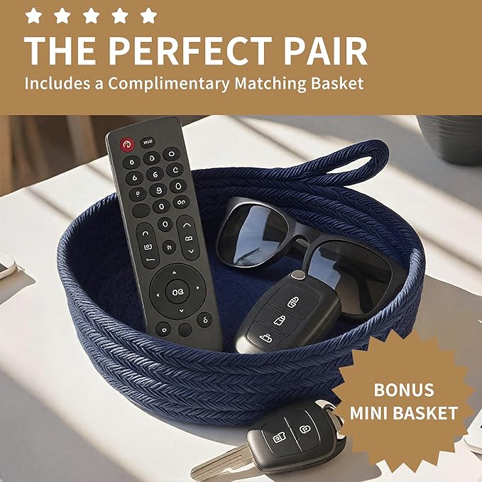 125L Extra Large Blanket Basket, 25" x 16", Jumbo Laundry Woven Baskets Decorative Home, Cotton Rope Basket with Handles, Baby Toy Baskets for Storage, Gradual Blue, 2PC