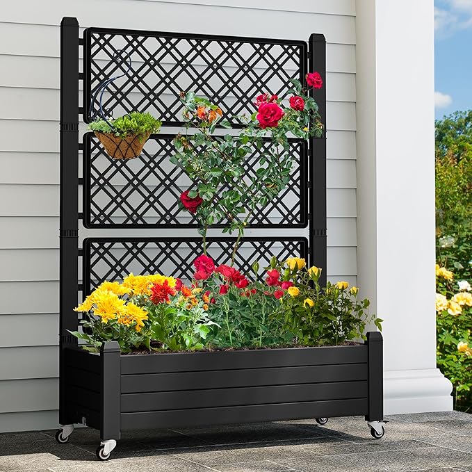 YITAHOME 43.3x17.7x61 in Planter Trellis Box with Wheels & Drain Plug, Outdoor Resin Raised Garden Bed for Climbing Plants, Large Weather-Resistant Design, Black
