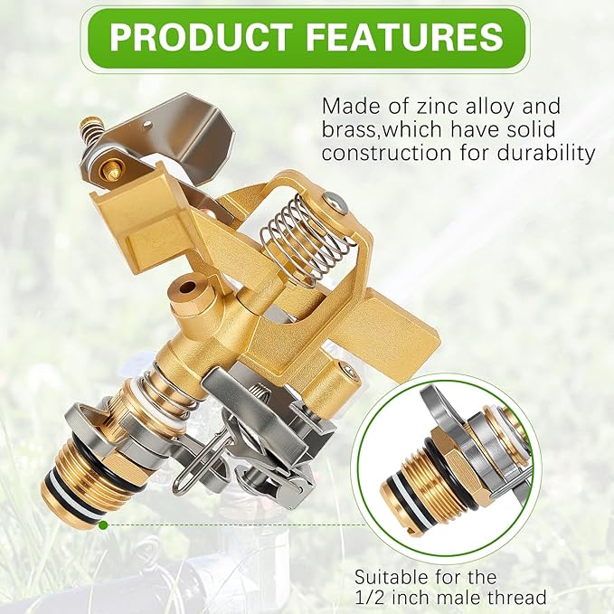 1/2 Inch Brass Sprinklers Head,Heavy Duty Water Sprinkler for Yard with 360 Degree Large Area Coverage Irrigation, Adjustable Impact Sprinklers Head Nozzle for Grass Patio Garden Irrigation