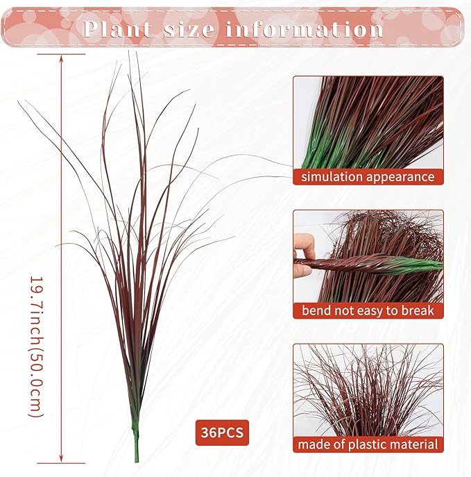 36Pcs Artificial Grass Plants, Faux Shrubs Wheat Grass, Artificial Tall Grasses Fake Plants for Outdoor Decor,Artificial Greenery Stems Weed for Room Indoor Home Decor（Red）