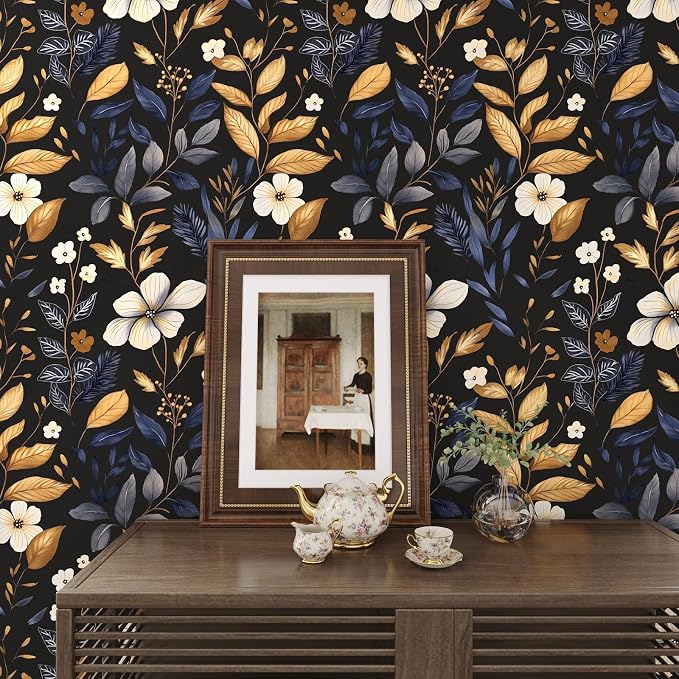 Laatse Vintage Dark Floral Wallpaper Peel and Stick Blue/Gold Leaf Wallpaper - Image 2