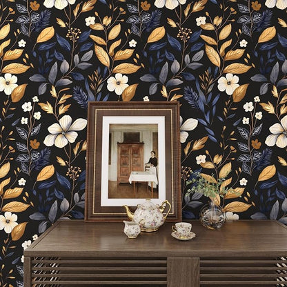 Laatse Vintage Dark Floral Wallpaper Peel and Stick Blue/Gold Leaf Wallpaper - Image 2