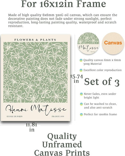 HesenDot Matisse Sage Green Wall Art Set of 3, William Morris Wall Art Decor - Image 2