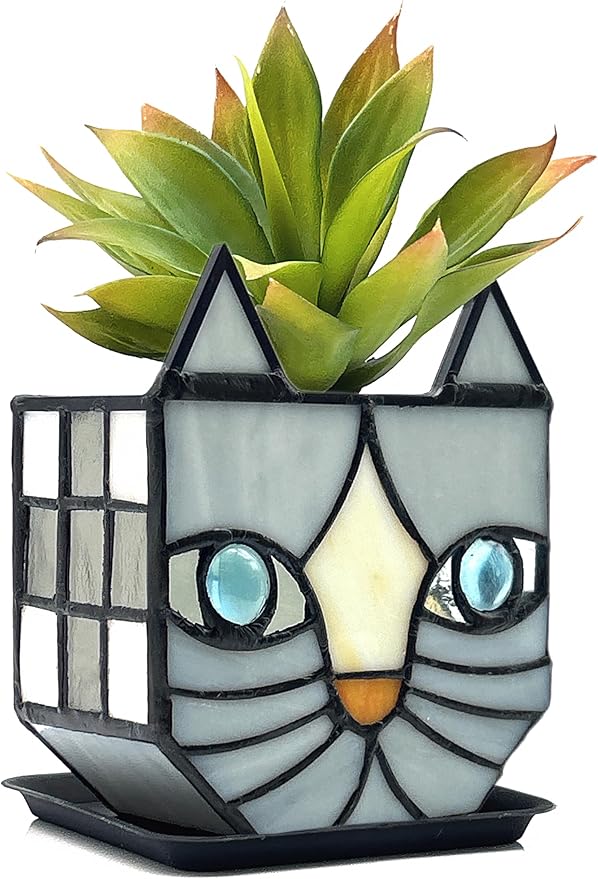 Gray Cat Glass Planter, Cat Plant Pots Indoor, Unique Small Gray Cat Planter, Glass Gap Automatic Drainage System and Base Saucer, Window Sill Cat Decoration Gift,4.6x5.15x2.3IN (Gray)