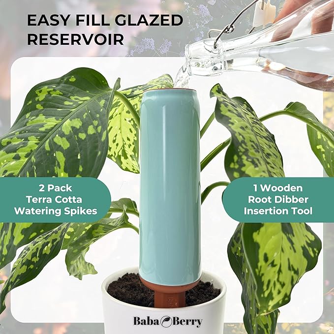 Terracotta Watering Spikes 2 Pack 17.5oz Capacity Plant Watering Devices Self Watering Spikes Large Plant Watering Globes Self Watering Planter Insert AcquaTerra with Root Dibber Installer