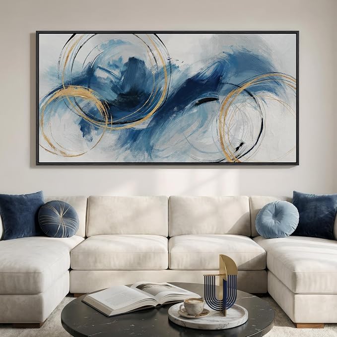 Extra Large Framed Navy Blue Abstract Canvas Wall Art by Cuspin