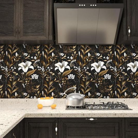 Laatse White Floral Wallpaper Peel and Stick, Dark Golden Botanical Wall Paper - Image 2
