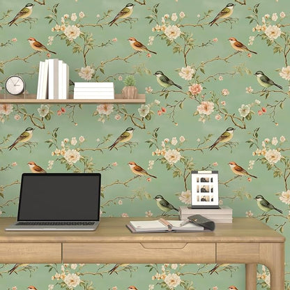 Laatse Green Floral Wallpaper Peel and Stick Bird Wallpaper Pink Flower Contact - Image 7