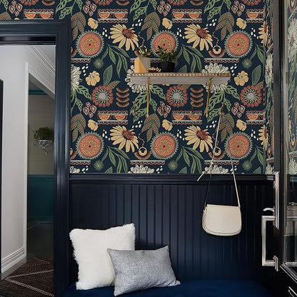 Simon&Siff Boho Peel and Stick Wallpaper, 17.3" x 80" Blue Sun Floral Retro - Image 6