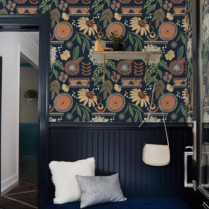 Simon&Siff Boho Peel and Stick Wallpaper, 17.3" x 480" Blue Sun Floral Retro - Image 6